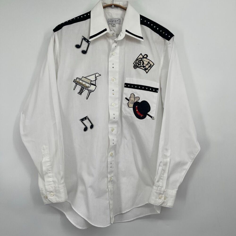 Marquis Womens White Bedazzled Piano Magic Music Embroidered Button Up Shirt Blo